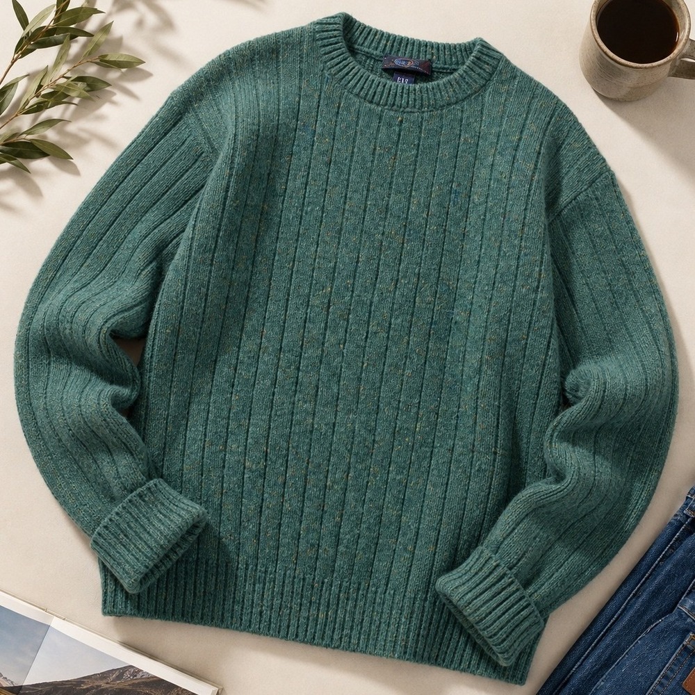 VTG Jantzen Crewneck Sweater Mens XL Green Flecked Wool Ribbed Knit Pullover 80s